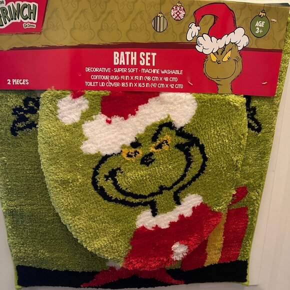Grinch Toilet Lid Cover 18.5x16.5" & Contour Rug 19x19" NWT Christmas Bath Set - Picture 2 of 4